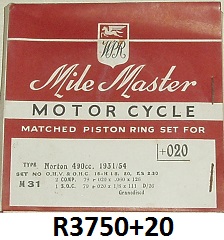 Piston ring set : Wellworthy Mile Master - 490cc : 79mm + 20 : 1/8th oil ring